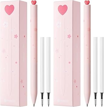 61VUTwqh06L._AC_SY355_.jpg Kaco FIRST Gel Pens Cute Stationery, Pack of 2 Pieces Heart Pen Set with Extra 4 Black Refills (2 Pink)