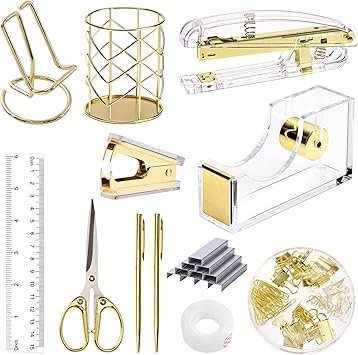 71VOeIOQ7tL._AC_SY355_.jpg EOOUT Gold Office Supplies Set Desk Accessories, Acrylic Stapler Set Staple Remover, Phone Holder, Tape Holder, Pen Holder, 2 Ballpoint Pen, Scissor, Binder Clips, Ruler, Transparent Glue and Staples.