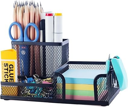 71VVAJo-z8L._AC_SX425_.jpg M&G Mesh Pen Holder Desk Organizers Pencil Holder for Desk Black, 3 Compartments Metal Office Supply Organizer with Sticky Notes Holder for School Home Office