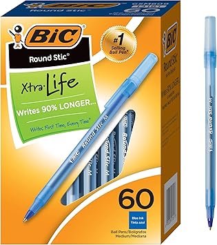 BIC Round Stic Xtra Life Ballpoint Pen with 1.0 mm Medium Point and Consistent Ink Flow, 60-Count in Blue Ink